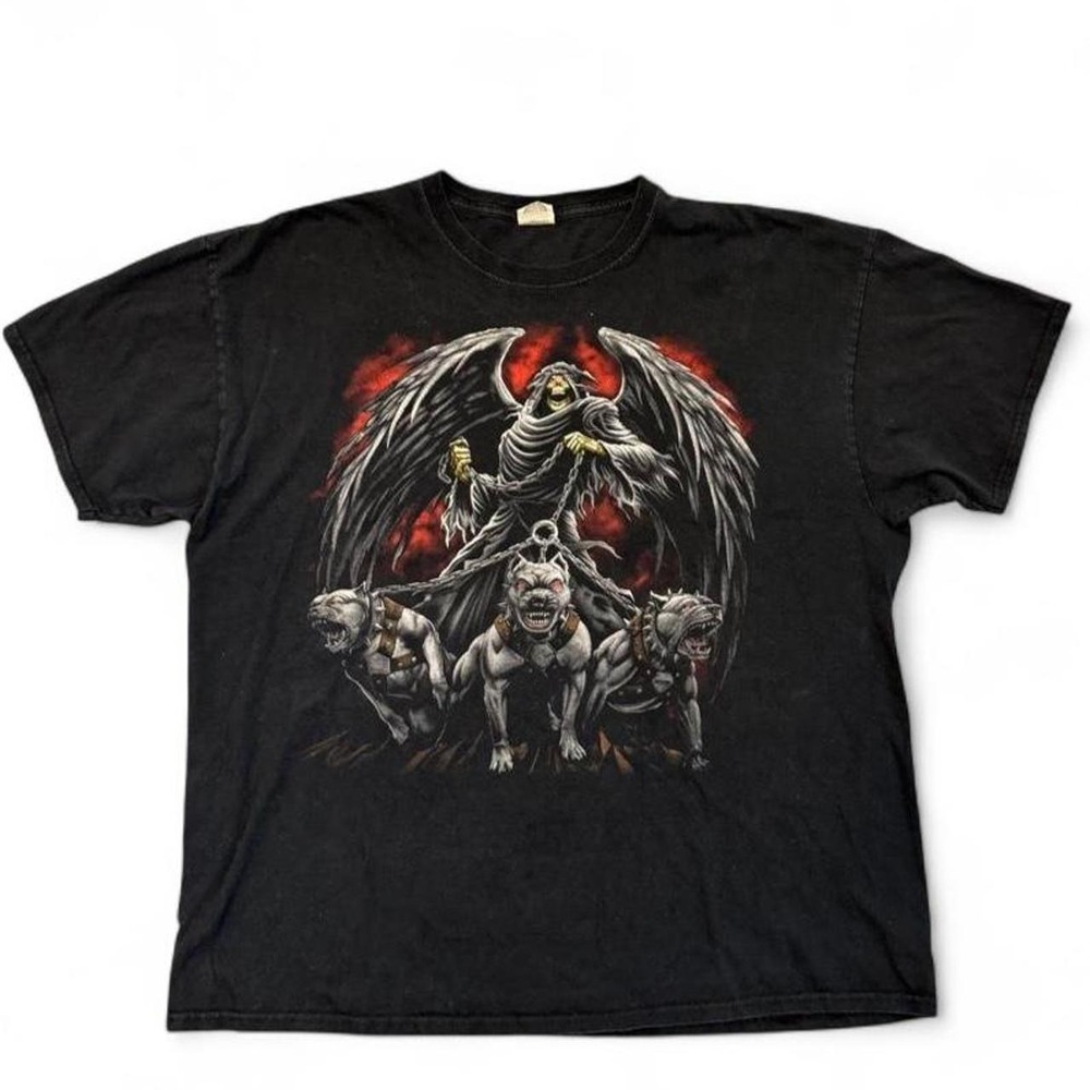 Grim Reaper Pitbull Attack Graphic T-Shirt 2XL Black Fruit of the Loom HD